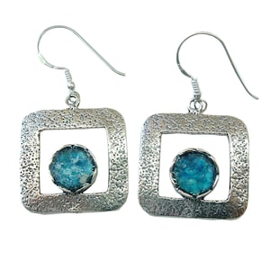 Ancient Roman Glass Earrings, Large Hammered Square Sterling Silver Earrings, Statement Dangle Drop Earrings, Gift for Women