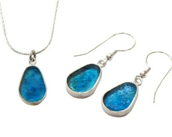 Roman Glass 925 Sterling Silver Pendant and Earrings Set, Dainty Jewelry Set, Blue Dewdrop Roman Glass Israel Jewelry Set, Modern Jewelry