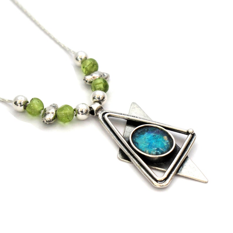 Roman Glass Artisan Magen David with Peridot Bead made in Israel Roman Glass Unique Sterling Silver Star of David Necklace