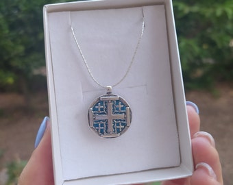 Unique Roman Glass Jerusalem Cross, Sterling Silver Cross, Round Roman Glass Cross, Roman Glass Necklace, Holy Land Gift, Israel Jewelry