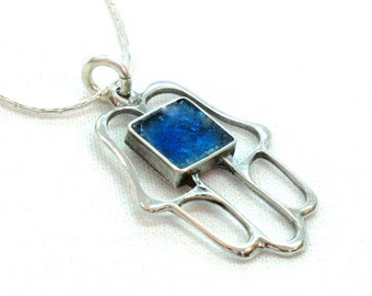 Beautiful Roman Glass Judaica Sterling Silver Pendant, Blue Roman Glass Fantasy Hamsa Pendant, Hand Of Luck Gift for Woman, Israel Jewelry