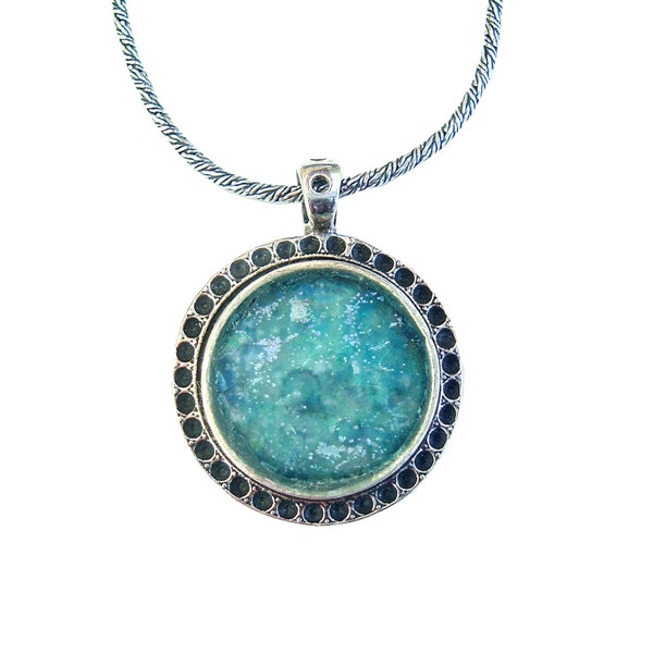 Blue Roman Glass Round Necklace, Oxidized 925 Silver Charm Necklace, Unisex Retro Necklace, Round Roman Glass Israeli Gifts