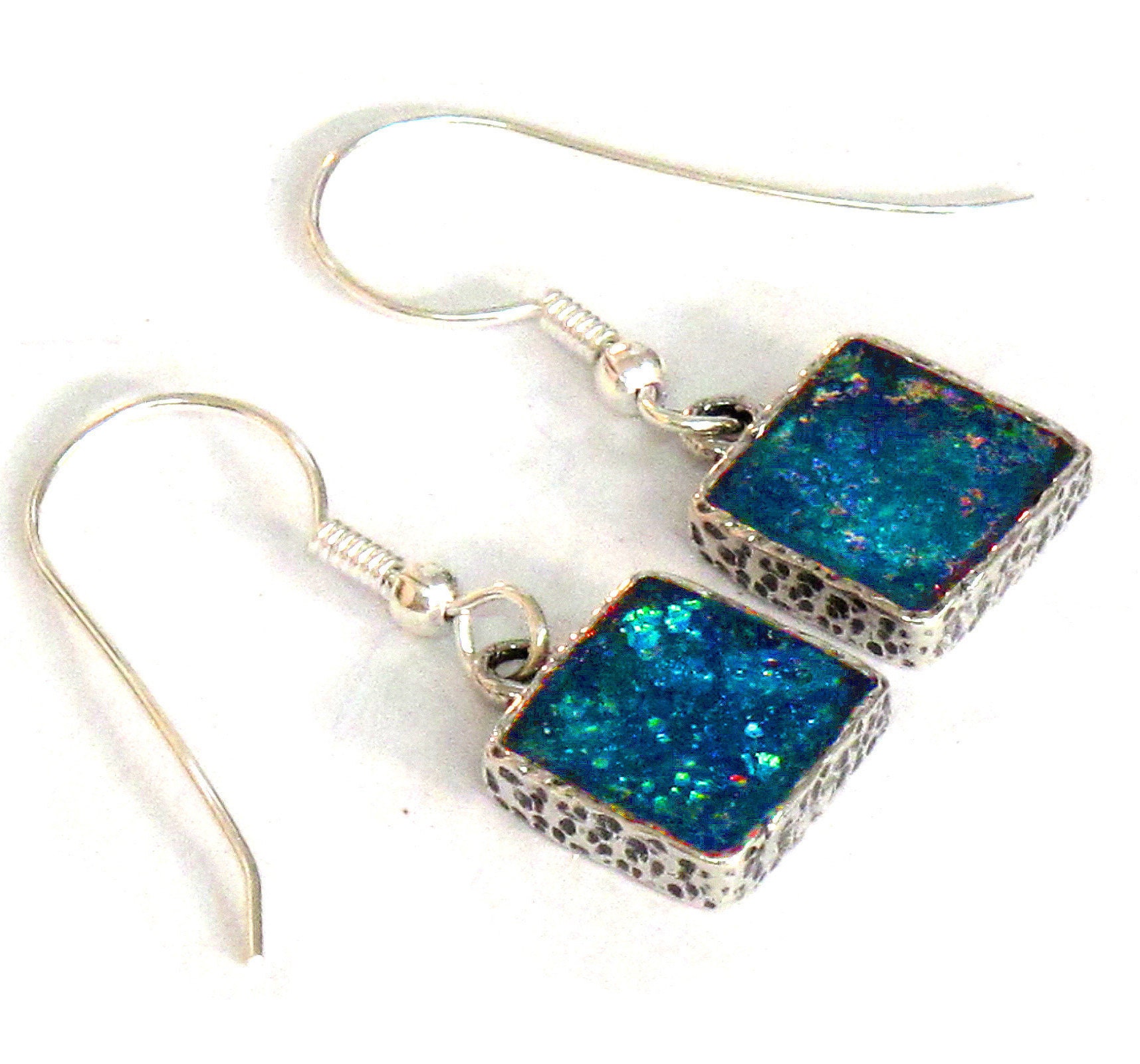 Beautiful Blue Roman Glass Square Earrings, Sterling Silver Earrings, Roman Glass Jewelry, Dangle Drop Earrings, gift for women