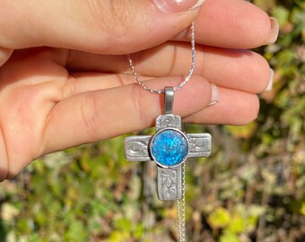 Roman Glass Floral Cross, Floral Cross, 925 Silver Cross, unique Necklace Holy Land Cross, Christian Gift Israel