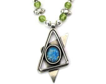 Unique Ancient Roman Glass Necklace, Sterling Silver Star of David Necklace, Amazing Magen David with Peridot Beads Artisan Design