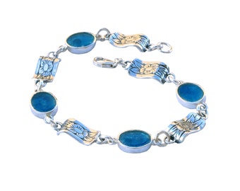 Blue Oval Roman Glass Sterling Silver Floral Bracelet, Israeli Jewelry, Link Bracelet, Gift for Her, Artisan Roman Glass Bracelet