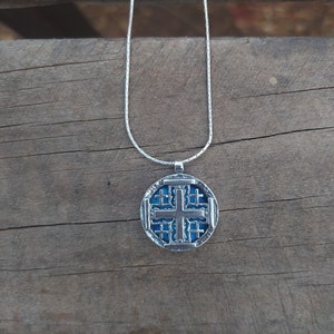 Unique Roman Glass Jerusalem Cross, Sterling Silver Cross, Roman Glass Cross, HolyLand Roman Glass Christian Necklace, Round Jerusalem Cross