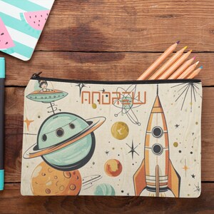 Vintage Space-Themed Accessories Pouch, Rocket Ship Planets Makeup Bag, College Program Gift, DCP, CM, fan, Zipper pouch gift