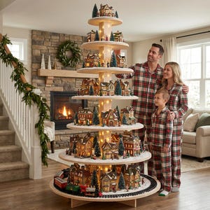 Plan DIY Soporte Árbol Villa de Navidad 3D; Archivos Corte CNC dxf dwg pdf, Soporte Decoración Navidad Contrachapado