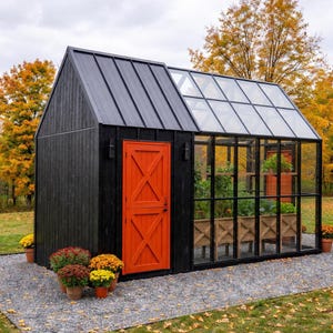Planos modernos para invernaderos adosados, planos para cobertizos de jardín, guía de construcción de invernaderos de madera, lista de materiales, descarga de PDF de SketchUp 3D para proyectos de bricolaje.
