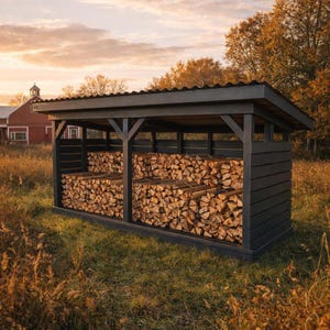 Könnte beinhalten: Ein dunkelgrauer Holz-Brennholzschuppen, gefüllt mit sauber gestapelten Holzscheiten. Der Schuppen hat ein schräges Dach und steht auf einer Wiese mit einer roten Scheune im Hintergrund. Der Himmel hat eine warme orange Farbe.