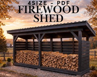 Firewood Shed Plans Bundle; 4 DIY PDF Designs, 1–4 Cord Wood Storage