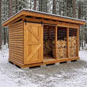 Plans de remise à bois de chauffage 8 x 16 avec porte de grange coulissante - Grand PDF DIY multi-cordes