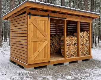 Planos para cobertizo de leña de 8x16 con puerta corrediza tipo granero, cobertizo grande para almacenar leña de varios cordones, almacenamiento de herramientas y madera, plano de construcción en PDF para bricolaje.