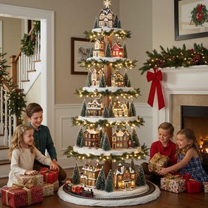 Pode incluir: Uma árvore de Natal em camadas com casas em miniatura iluminadas, árvores perenes e uma estrela. A árvore é cercada por um conjunto de trem e luzes. As crianças estão reunidas ao redor da árvore com presentes embrulhados.