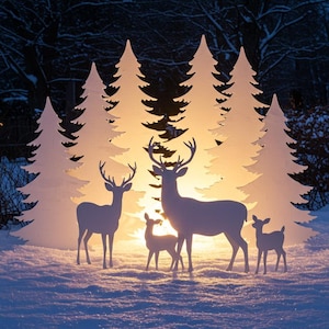 Puede incluir: Una escena invernal con siluetas de ciervos blancos y árboles de Navidad estilizados. Una familia de ciervos, incluyendo un ciervo macho, una hembra y dos cervatillos, están en la nieve. Los árboles y los ciervos están iluminados.