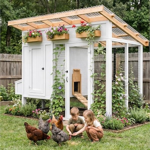 May include: A white chicken coop with a clear corrugated roof and wooden trim. The coop has a door, wire mesh sides, and flower boxes. Chickens are in the foreground, and two children are kneeling on the grass.