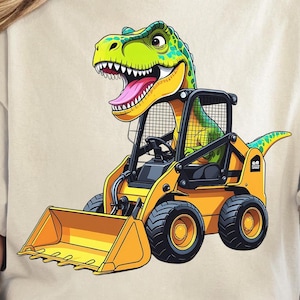 Divertido camión de construcción de dinosaurios para niños, diseño de camiseta para niños, camión dinosaurio, dinosaurio T-Rex, excavadora