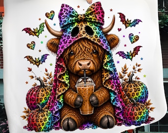 Café fantasma PNG, Vaca Highland divertida de Halloween PNG, Fantasma leopardo PNG, Leopardo Halloween PNG, Vaca Highlander espeluznante de otoño, Calabaza linda PNG,