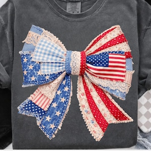 Coquette Bow USA png,USA Flag Bow PNG,Vintage Patchwork Patriotic Design,4th of July png, Independence Day,Faux Patchwork png