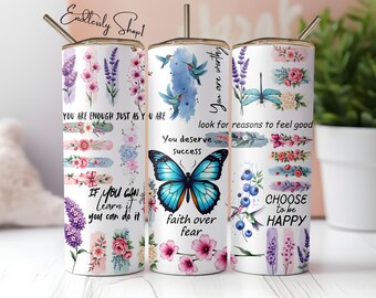 Wrap beker voor positieve bevestiging sublimatieontwerp download png, inspirerende vlinderbeker, positieve bevestiging 20 oz, penseelstreek