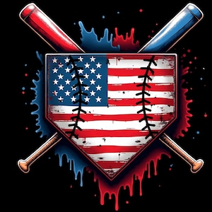 Puede incluir: Un plato de home de béisbol con un diseño de bandera estadounidense. Dos bates de béisbol se cruzan detrás del plato, con salpicaduras de pintura roja, blanca y azul en el fondo.