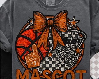 Custom Basketball Mascot PNG,Game Day Basketball PNG,Preppy Retro Coquette Bow Gameday Mom,Tigers Mascot,Team School Spirit Cheerleader