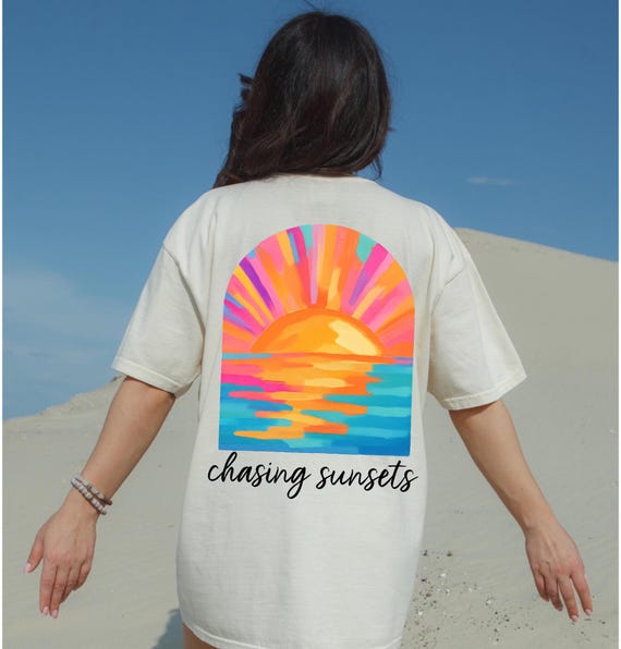 Chasing sunsets png,Coconut Girl Sunset, Retro summer vacation beach shirt,Salty Mermaidcore,Surfer Tshirt,Watercolour Brushstroke Sunset