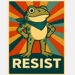 May include: A vintage-style poster featuring a cartoon frog with a determined expression, wearing a bandana. The frog stands with its hands on its hips against a backdrop of radiating orange, red, and green stripes. The word "RESIST" is printed in bold letters at the bottom.