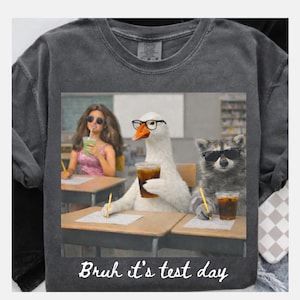 May include: Dark grey t-shirt with a humorous graphic of a goose and raccoon in a classroom, taking a test. The goose and raccoon are wearing glasses and holding iced drinks. The text "Bruh it's test day" is at the bottom of the image.