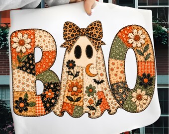 Fantasma de patchwork PNG, diseño de fantasma floral de Halloween, fantasma coqueto PNG, temporada espeluznante PNG, fantasma espeluznante PNG, fantasma floral de patchwork PNG