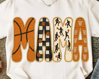 Mamá de baloncesto PNG, diseño de sublimación de patchwork, letras con estampado deportivo y de tablero de ajedrez, camiseta de mamá para el día del juego, estilo atlético PNG