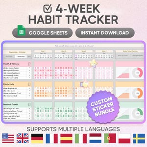 4-Week Habit Tracker, Digital Planner Template, Google Sheets Habit Tracker, ADHD Planner, Daily Weekly Planner, Printable Self-Care Tracker