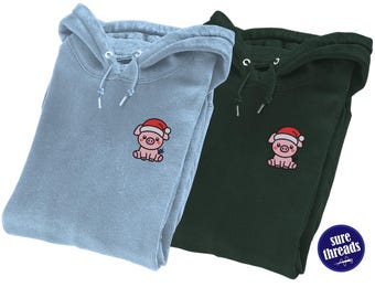 Embroidered Christmas Pig Sweatshirt, Santa Hat Piggy, Unisex Hoodie