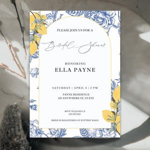 Editable Blue Lemon Bridal Shower Invitation Blue Floral Citrus Bridal Shower Invite Template Instant Download - Main Squeeze Bridal Shower