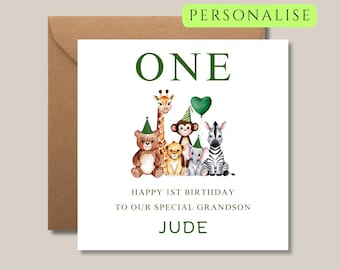 Personalised first birthday card 1st birthday card zoo animals first birthday card for girl son daughter granddaughter grandson niece nephew