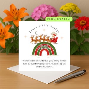 Puede incluir: Una tarjeta de Navidad con una ilustración de Papá Noel. La tarjeta presenta un arcoíris con las palabras "Merry Christmas" y un mensaje. La tarjeta está sobre un sobre blanco con un bolígrafo.
