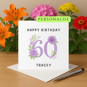 Cartão de aniversário de 60 anos, cartão de feliz aniversário de 60 anos, cartão de aniversário de 60 anos para amiga, irmã, tia, mãe, avó, cartão de aniversário de 60 anos personalizado