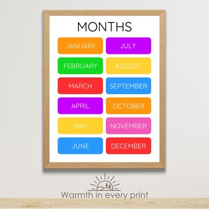 Póster de los meses del año, arte de pared para habitación infantil, hoja de trabajo educativa para niños, pósteres, arte de pared colorido para habitación infantil, póster