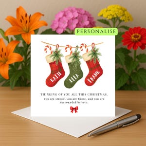 Puede incluir: Una tarjeta de Navidad con tres calcetines festivos con los nombres de Katie, Ella y Frank. La tarjeta presenta bastones de caramelo y el mensaje: "Pensando en todos vosotros esta Navidad".