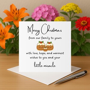 Puede incluir: Una tarjeta navideña blanca con el mensaje "Merry Christmas" e ilustraciones de pudín. La tarjeta está sobre una superficie de madera con un bolígrafo y rodeada de flores naranjas, rosas y amarillas.