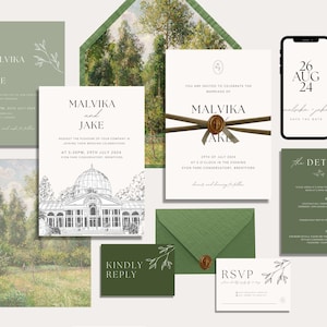Modelo de convite de casamento | Confirmação de presença, detalhes, reserva de data e forro de velino e envelope combinando | Dinheiro antigo moderno com estampa floral verde | 001