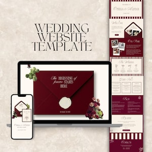 May include: A wedding website template shown on a laptop and smartphone. The design uses a burgundy and cream colour scheme with floral accents. The text "WEDDING WEBSITE TEMPLATE" is at the top. The laptop screen displays a burgundy envelope with the text "The beginning of forever starts here."