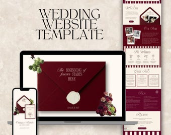 ウェディングウェブサイト + デジタルSave the Dateテンプレート | バーガンディフローラルケルビム、詳細とRSVP（Canva、デジタルダウンロード） | 008