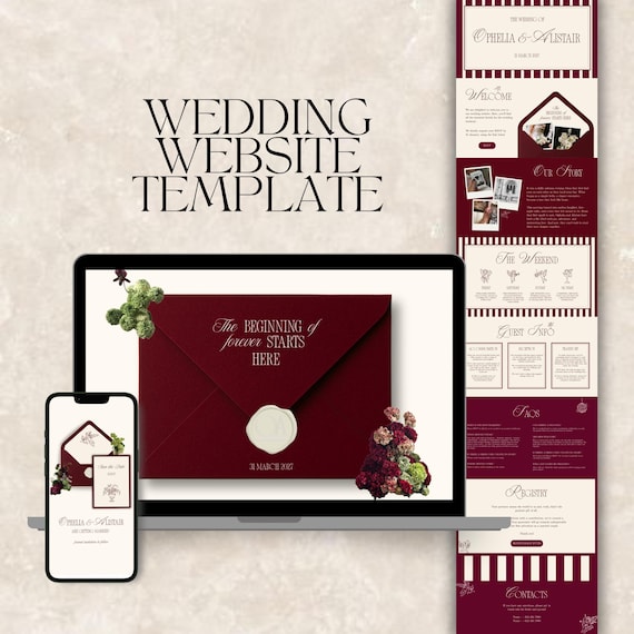 WEDDING WEBSITE + Digital Save the Date Template | Burgundy Floral Cherub, Details and RSVP (Canva, Digital Download) | 008