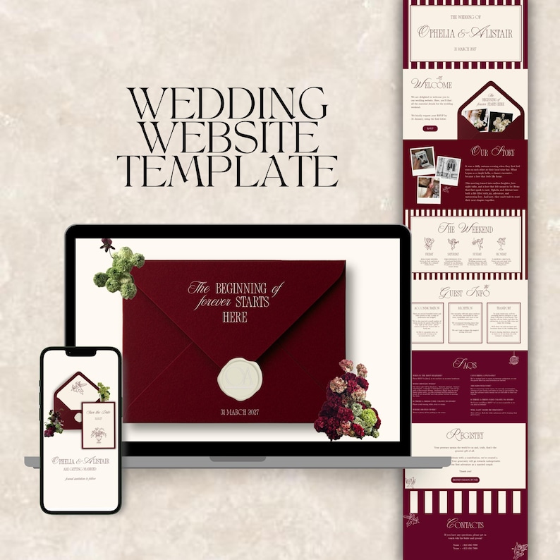 May include: A wedding website template displayed on a laptop and smartphone. The design features a burgundy and cream color scheme with floral accents. The text "WEDDING WEBSITE TEMPLATE" is at the top. The laptop screen shows a burgundy envelope with the text "The beginning of forever starts here."