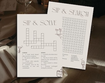 WEDDING GAME CARDS | Sip and Solve Wedding Crossword Puzzle & Wedding Wordsearch | Wedding Guest Games for Reception Cocktail Hour | 005