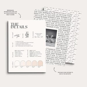 May include: Bridesmaid information card with details for a wedding. The card includes the couple's names, date, location, and a list of activities. The back page has a repeating text pattern. The color palette includes neutral tones.