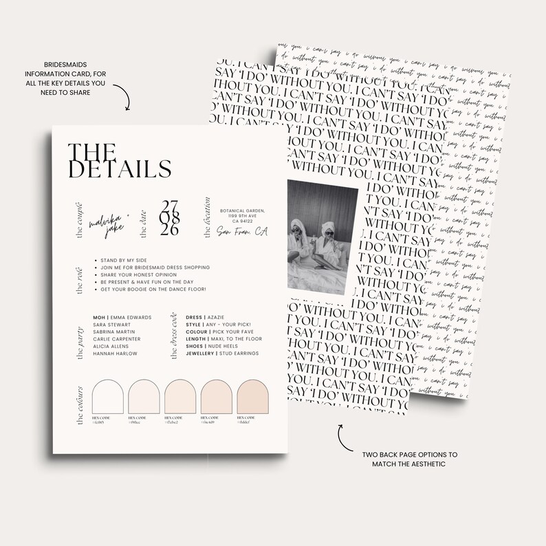 May include: Bridesmaid information card with details for a wedding. The card includes the couple's names, date, location, and a list of activities. The back page has a repeating text pattern. The color palette includes neutral tones.