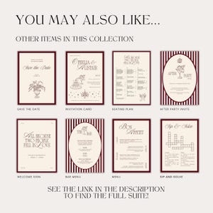 May include: A collection of wedding stationery items, including invitations, menus, and signage. Each piece features a cream background with burgundy accents and text. The set includes a save-the-date card, invitation, and bar menu.